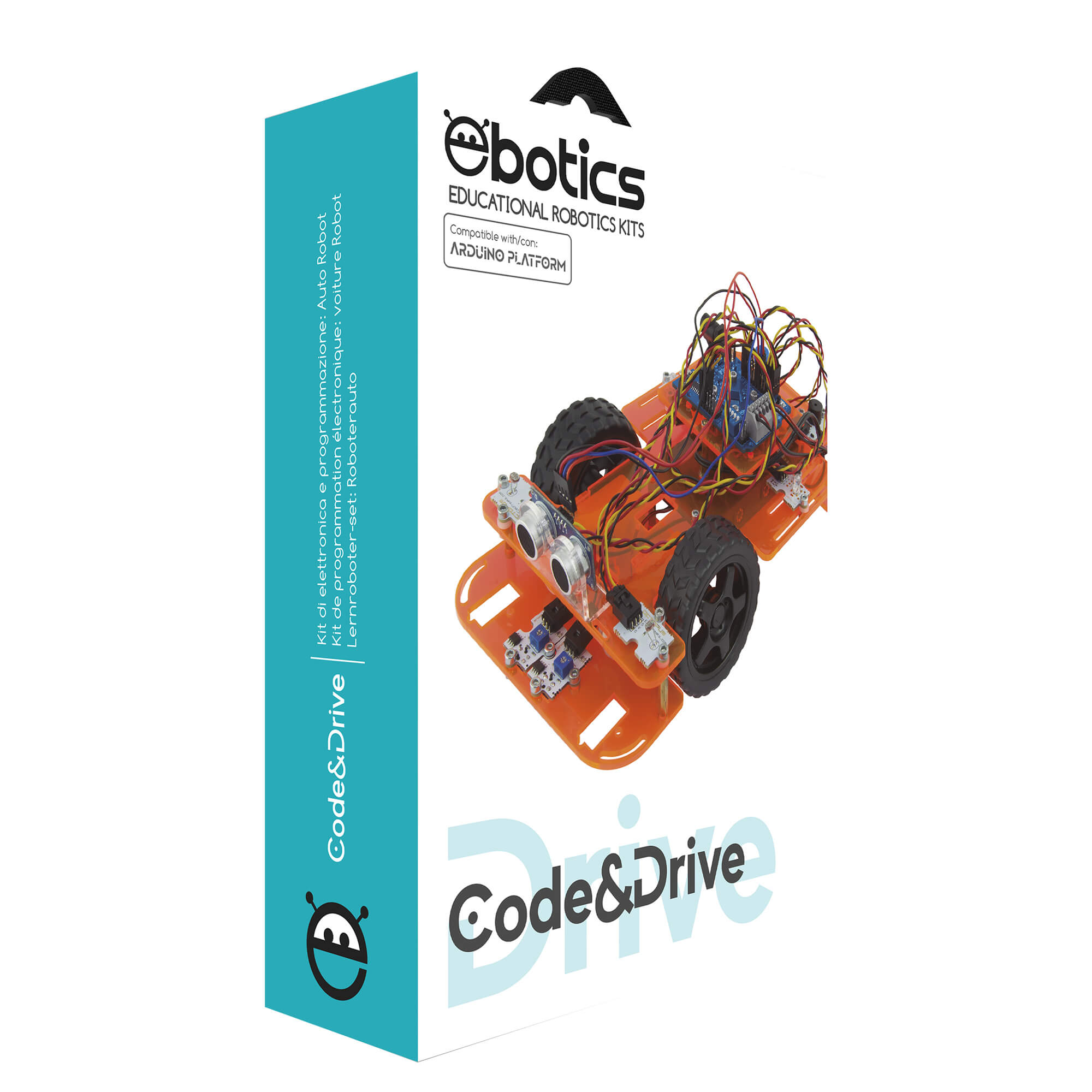 Kit de robótica y programación DiY con el cual construyes un coche robot y programas su comportamiento Ebotics Code&Drive 