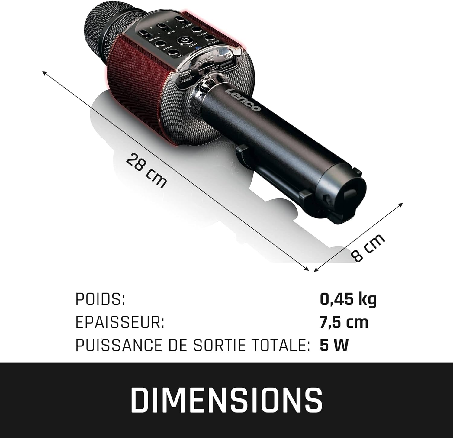 Lenco BMC-090 - Microphone karaoké avec Bluetooth et effet LED