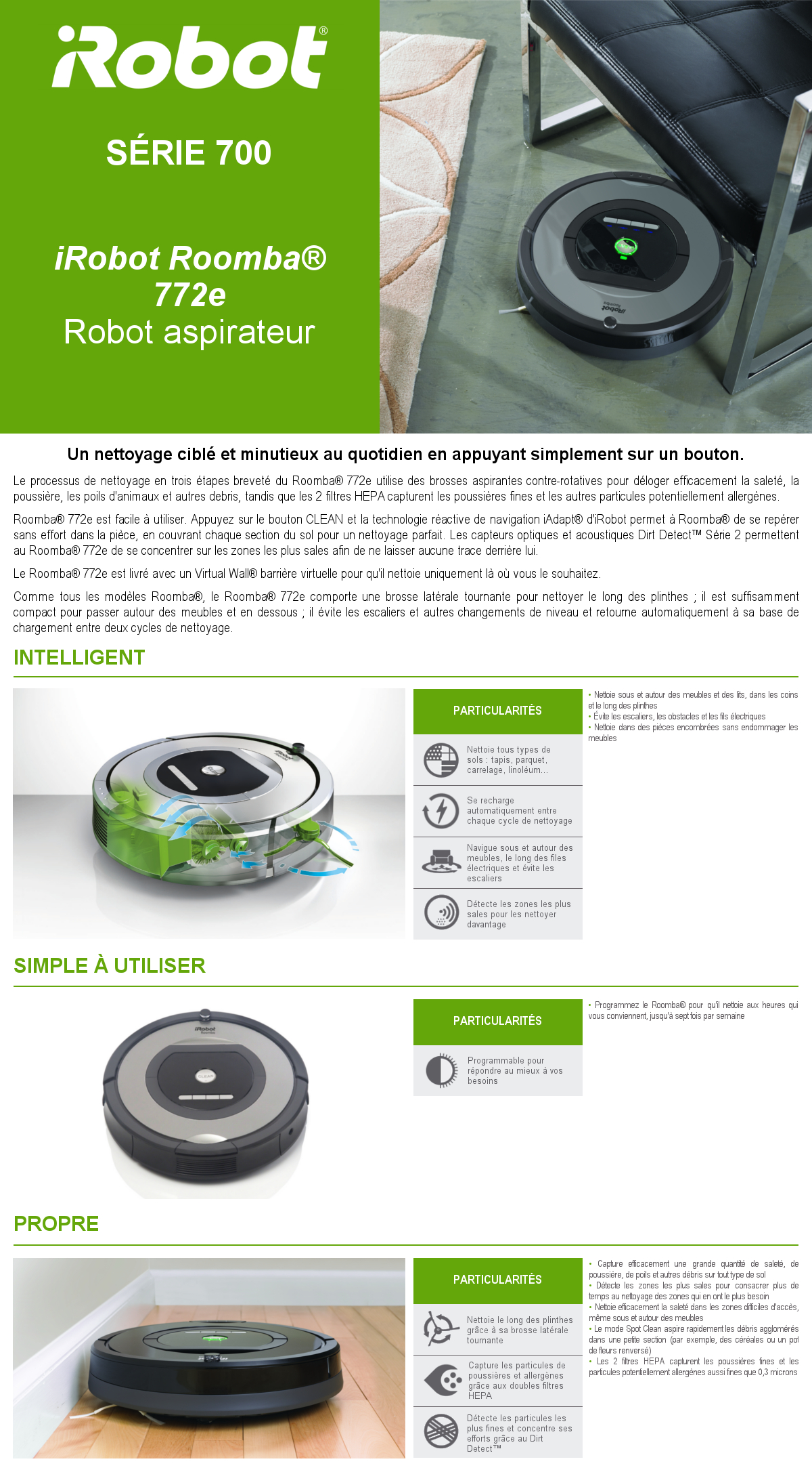 Caractristiques aspirateur Roomba 772e iRobot